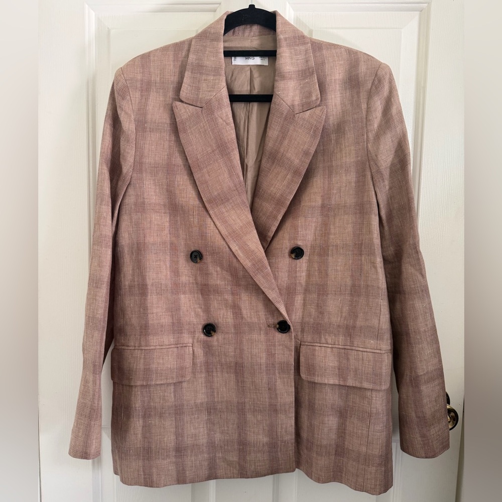Mango Double-Breasted Linen Plaid Blazer in Dusty Rose